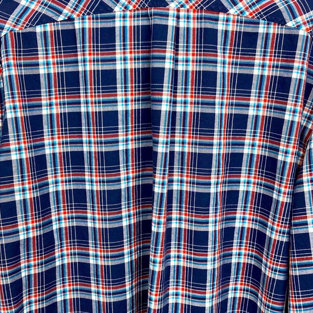 Lands’ End Flannel Shirt XL 17-17.5 Tailored Fit Navy Red Plaid - Picture 3 of 5
